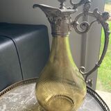 ewer carafe colored glass, handle and tin lid