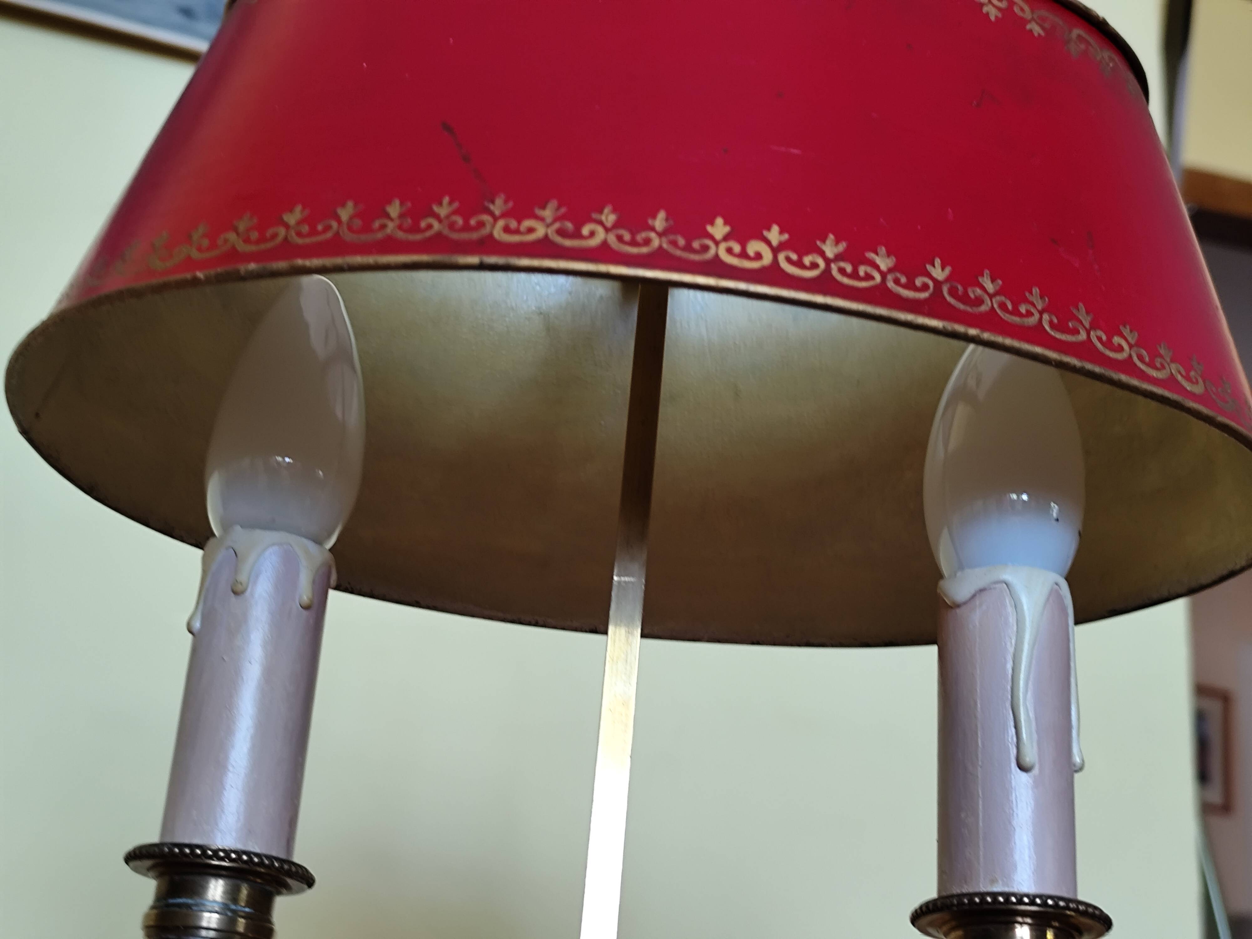 bronze and brass 2-bulb bouillotte lamp, red desk lamp