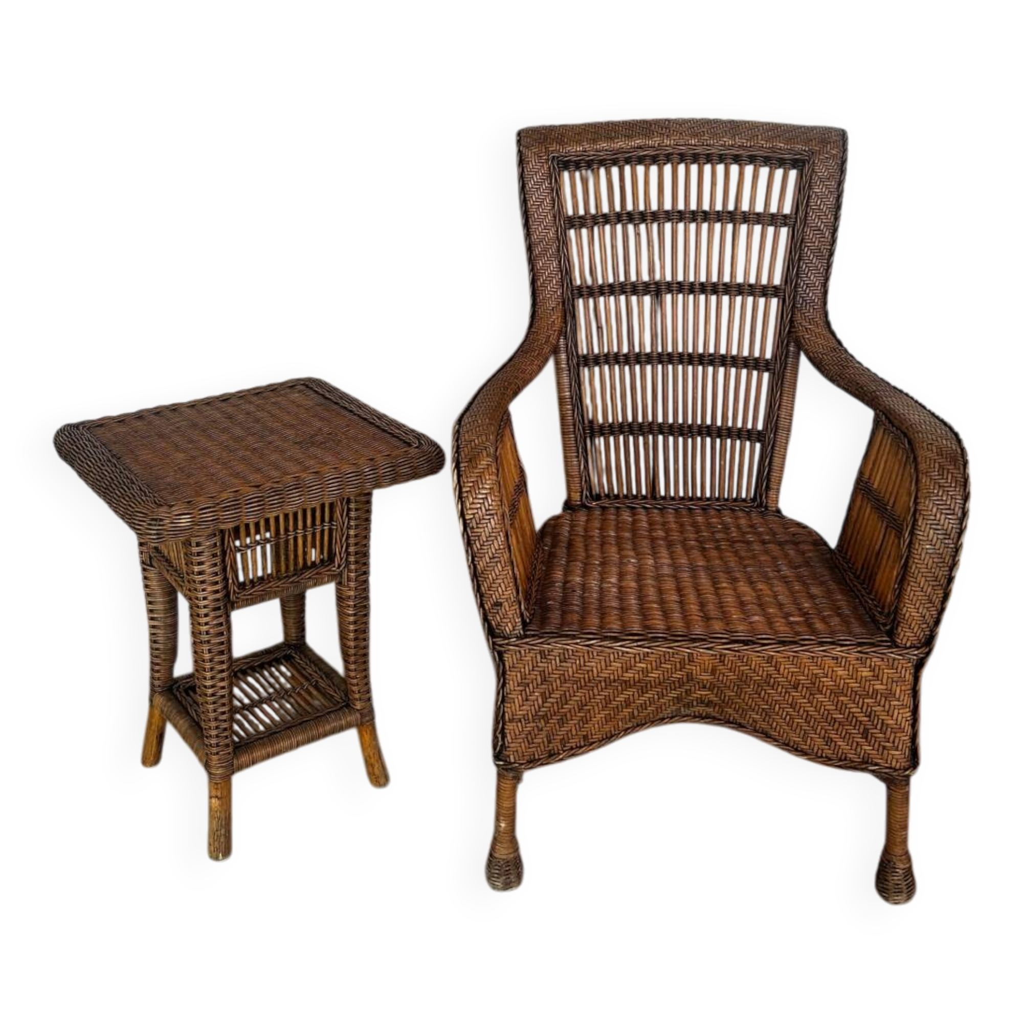 Vintage rattan armchair with side table