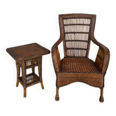 Fauteuil en rotin vintage avec table d’appoint