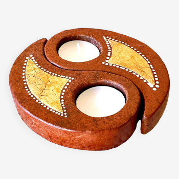 Double tealight candle holder YIN -YANG terracotta handmade decor Indonesia