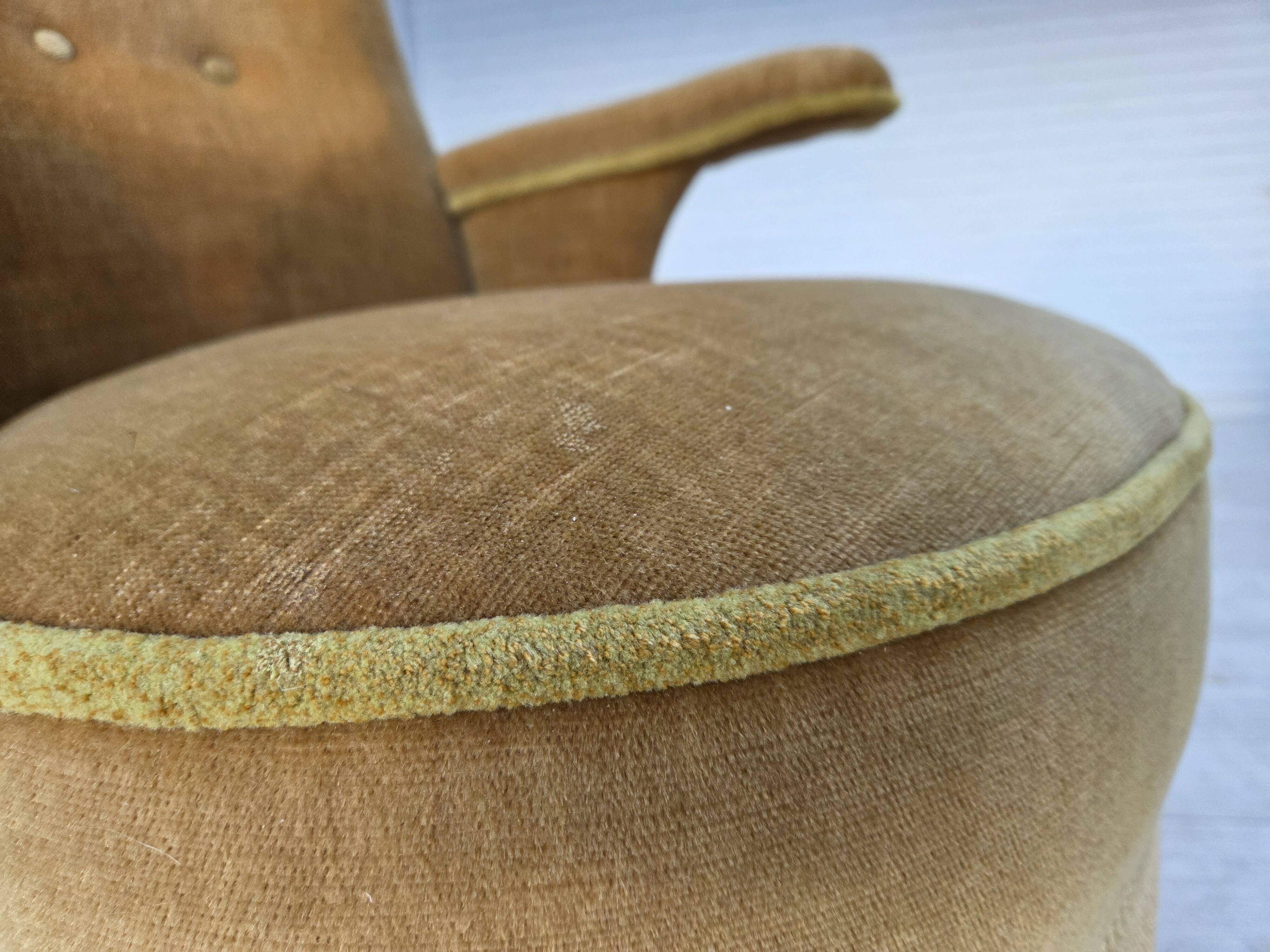 1950s, Danish armchair, furniture velour, ash wood legs.
