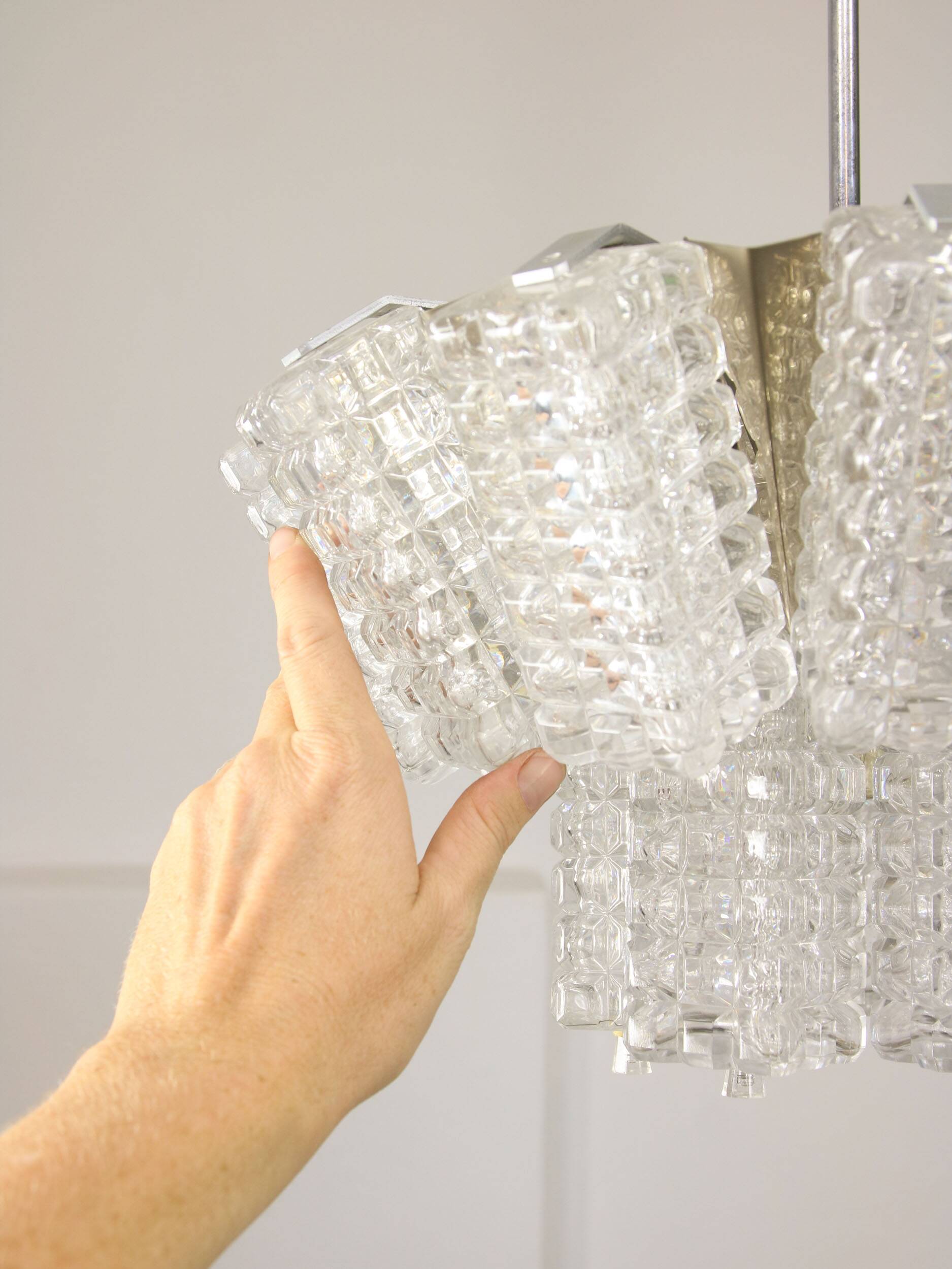 Vintage Austrolux Glass Chandelier: Mid-Century Chrome Pendant Light