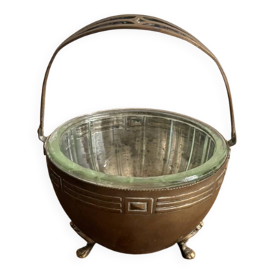 Seau à glace, sucrier, vide poche Art déco en laiton gravé et verre moulé