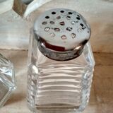 Set of 2 old table sprinklers in molded glass and metal