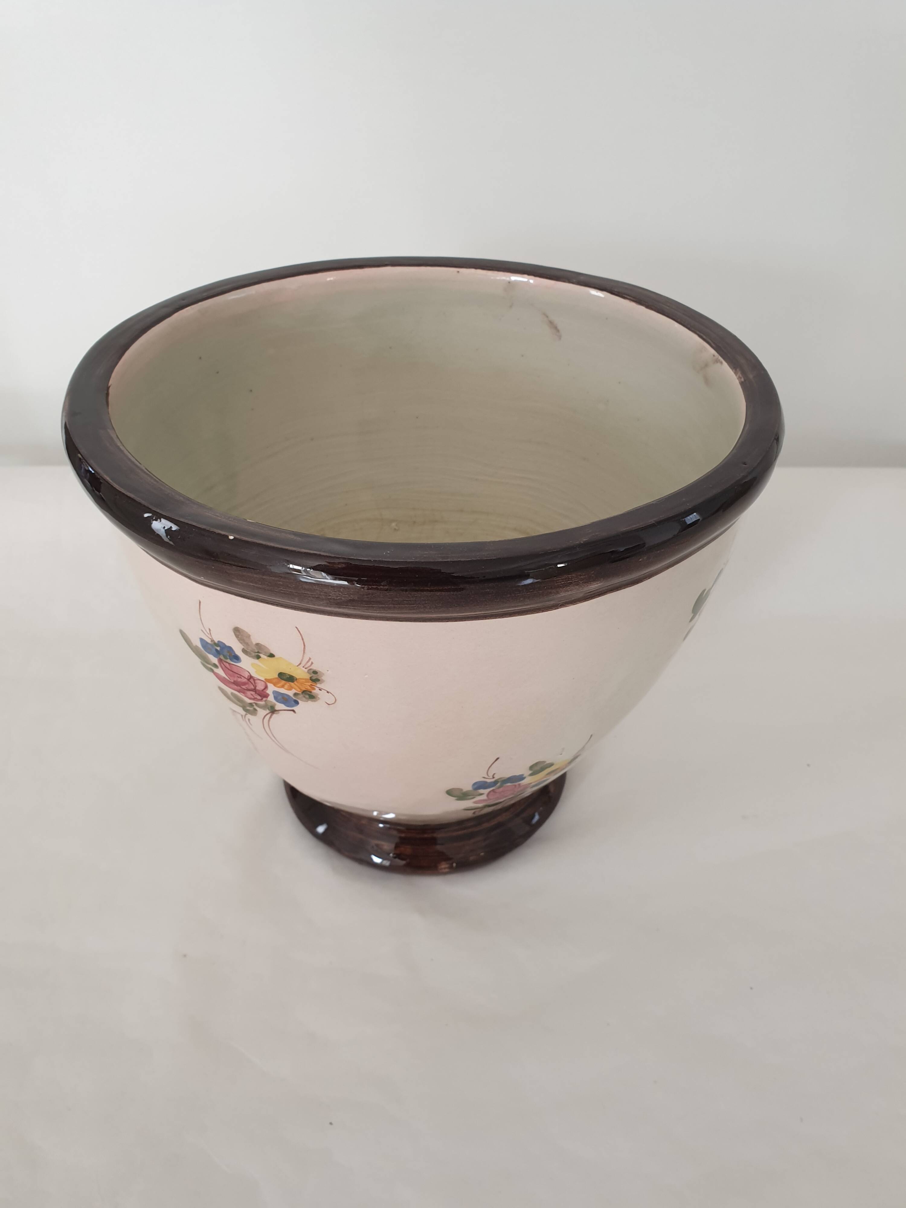 Large ceramic flowerpot with painted flower decoration Signed Massier Vallauris