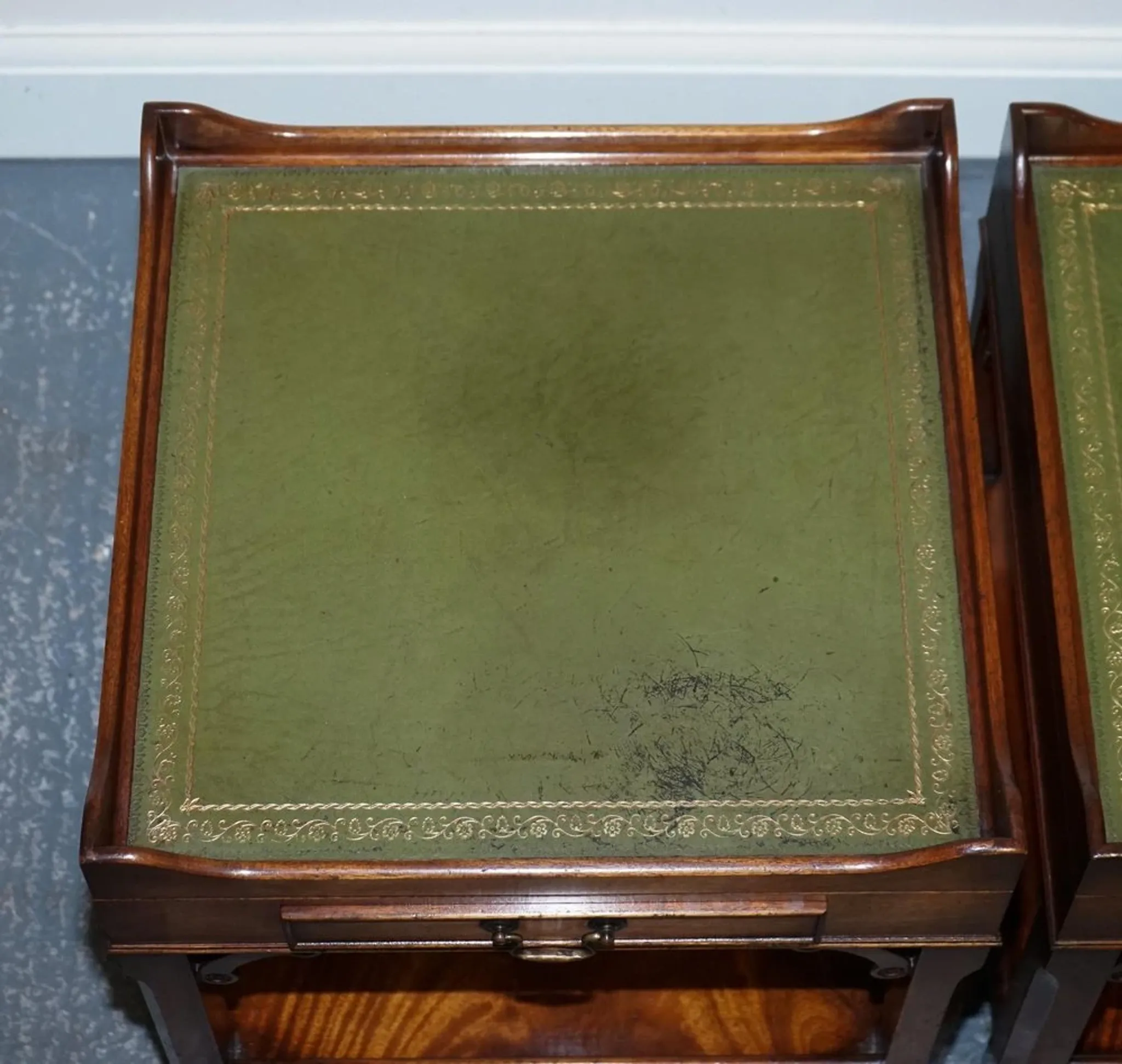 Bedside Tables with Green Leather Top