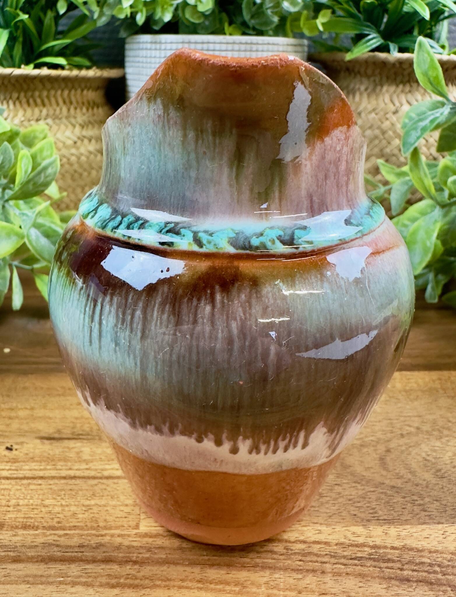 Old ceramic jug with glazed finish – flame decoration