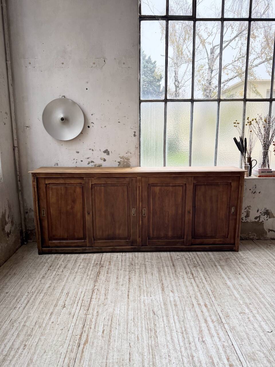 XL oak workshop sideboard with sliding doors from 1900