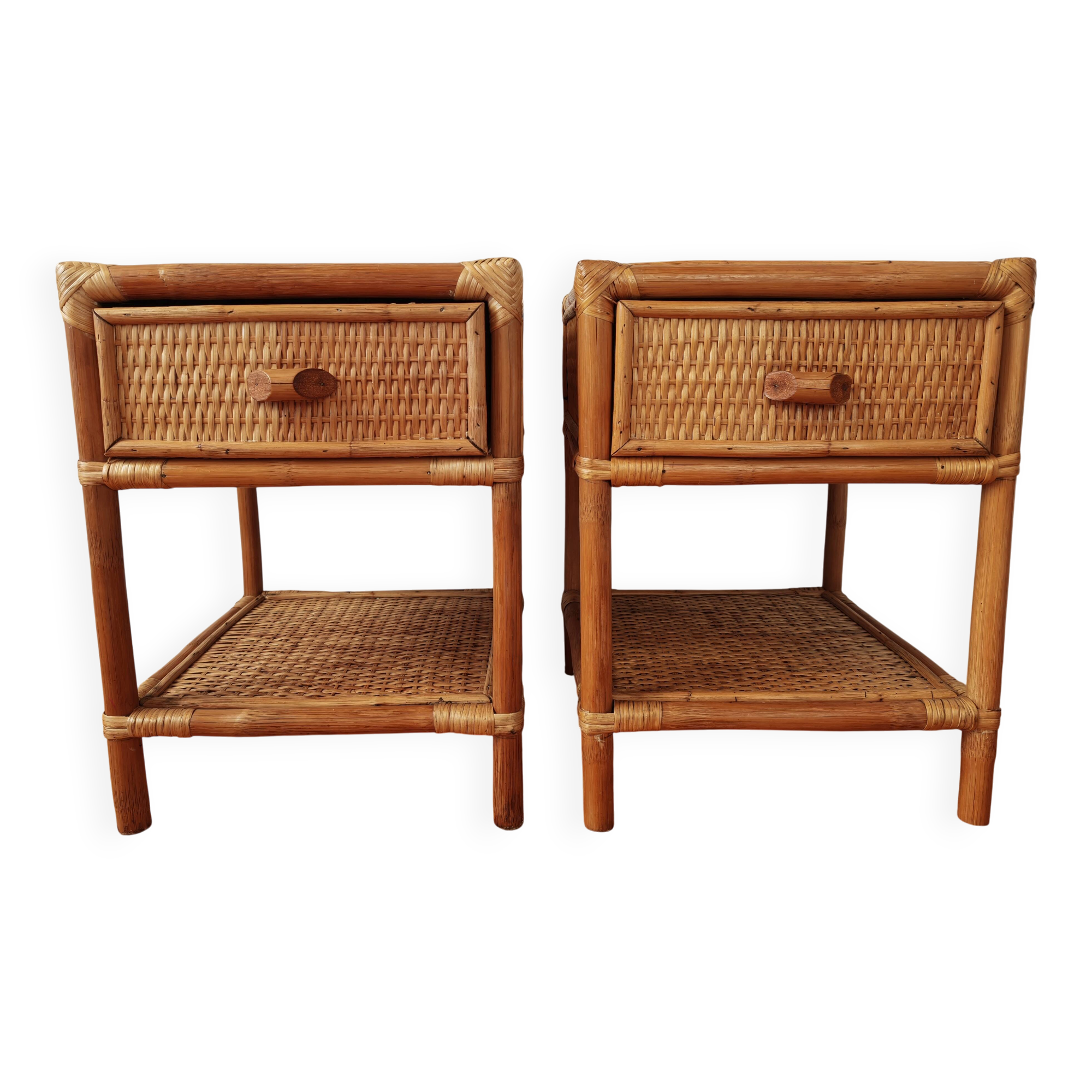 Pair of bedside tables in rattan and wicker - circa 1970