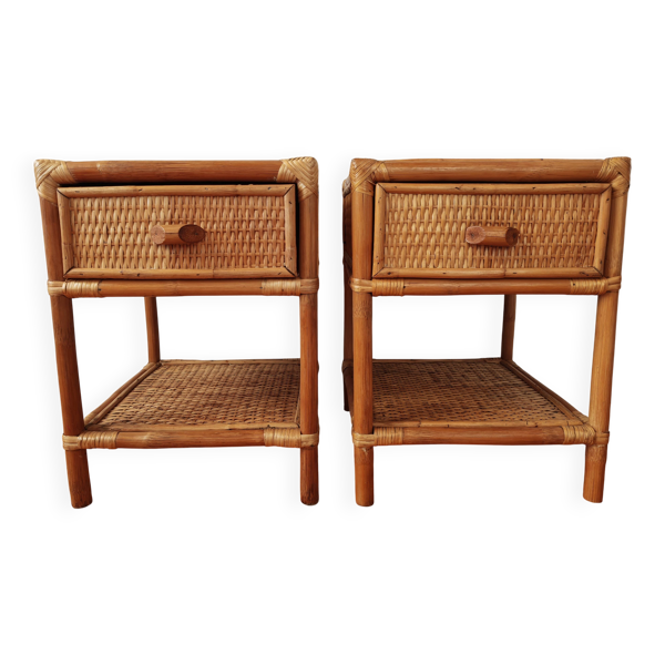 Paire de tables de chevet en rotin et osier -circa 1970