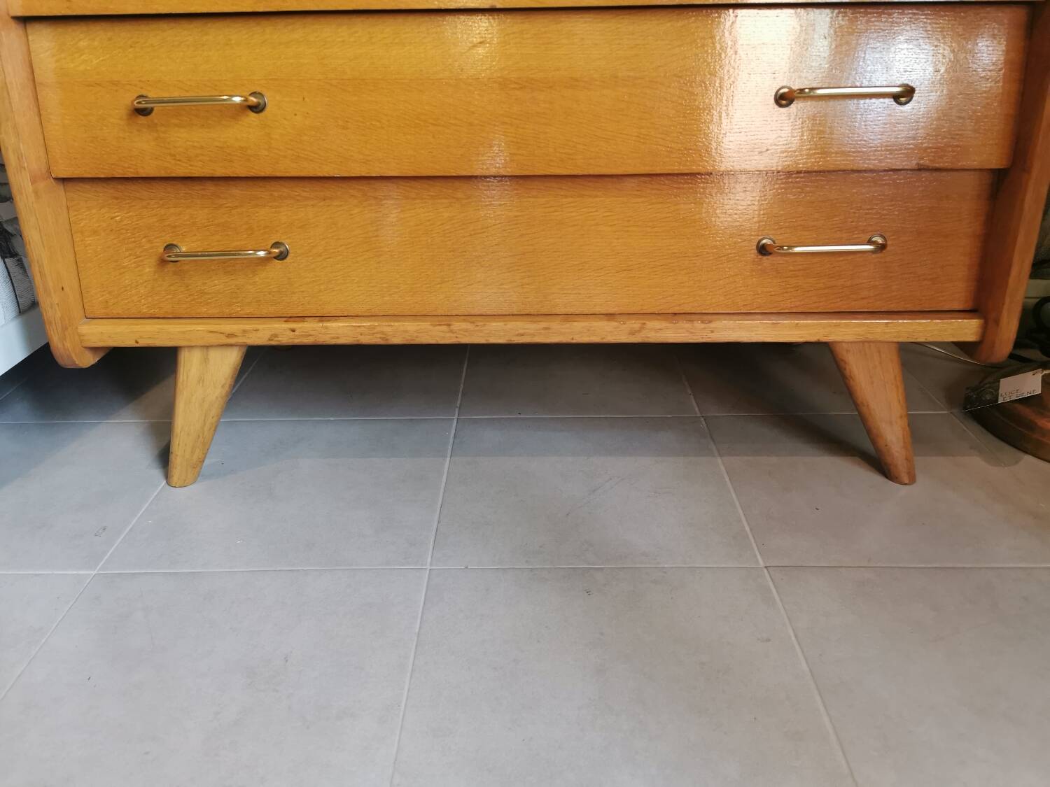 Vintage chest of drawers with compass legs and triptych mirror