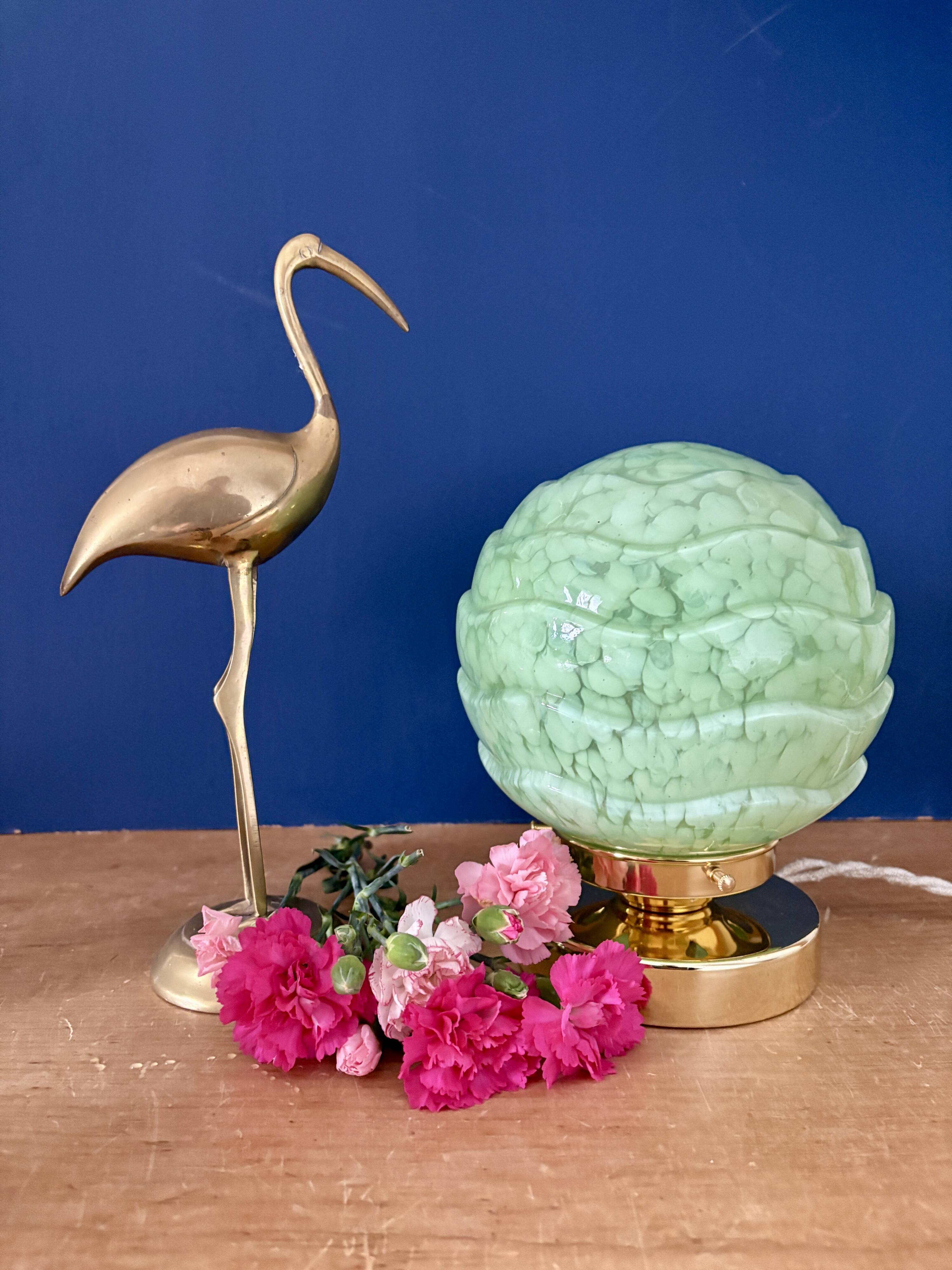 Vintage art deco globe table lamp in mint green Clichy glass