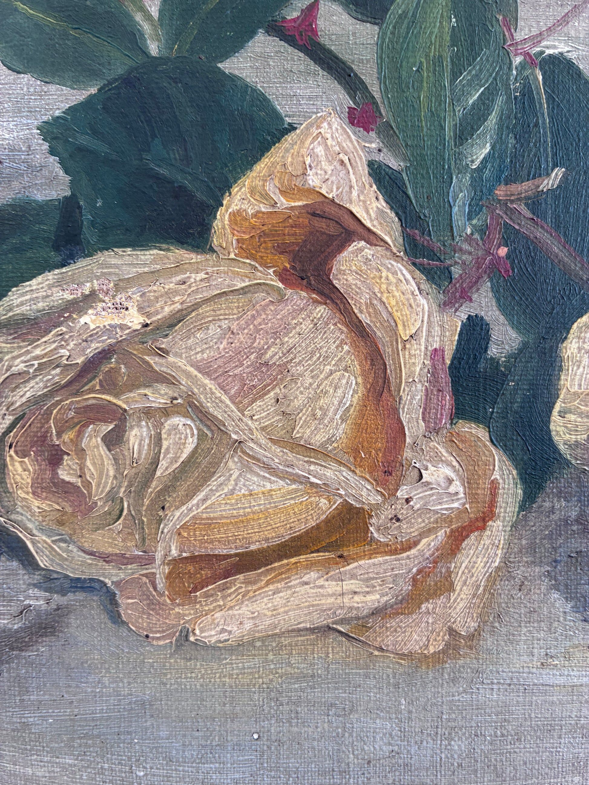 Antique original flower oil painting, yellow roses still life art