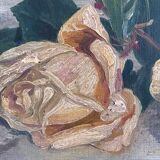 Antique original flower oil painting, yellow roses still life art