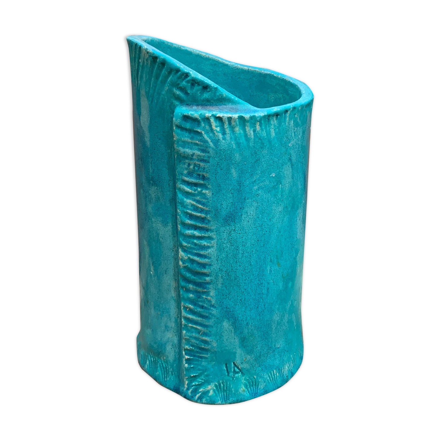 Vintage blue soliflore ceramic vase signed AI