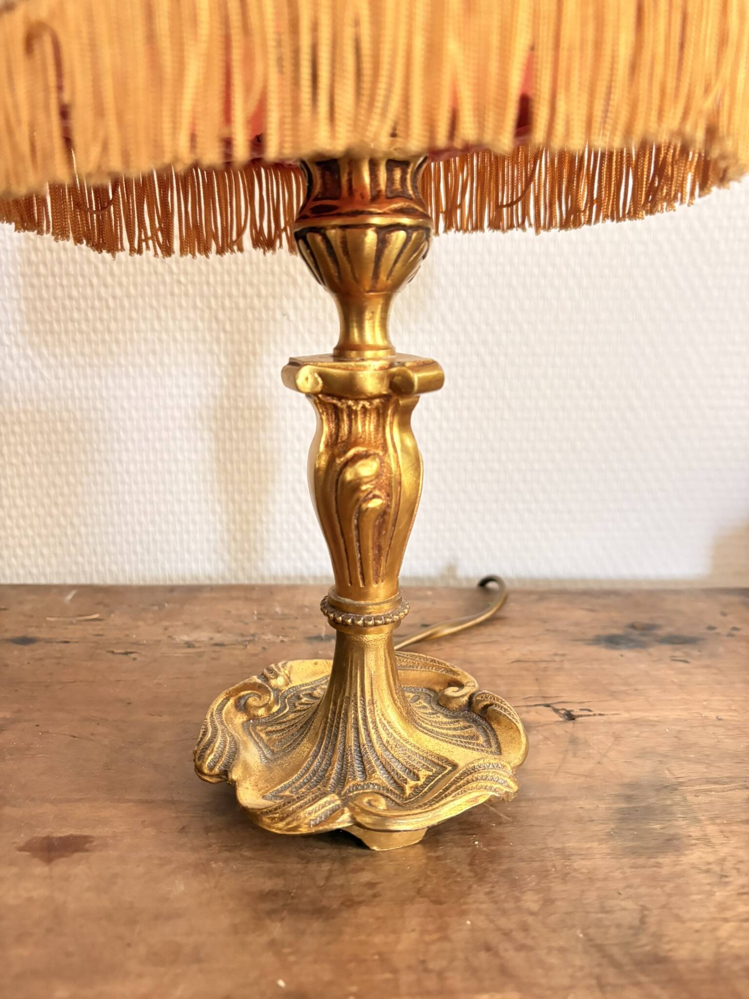 Pair of Bedside Lamps in Gilded Bronze with Pink Silk Shades and Fringes in Louis XV Style