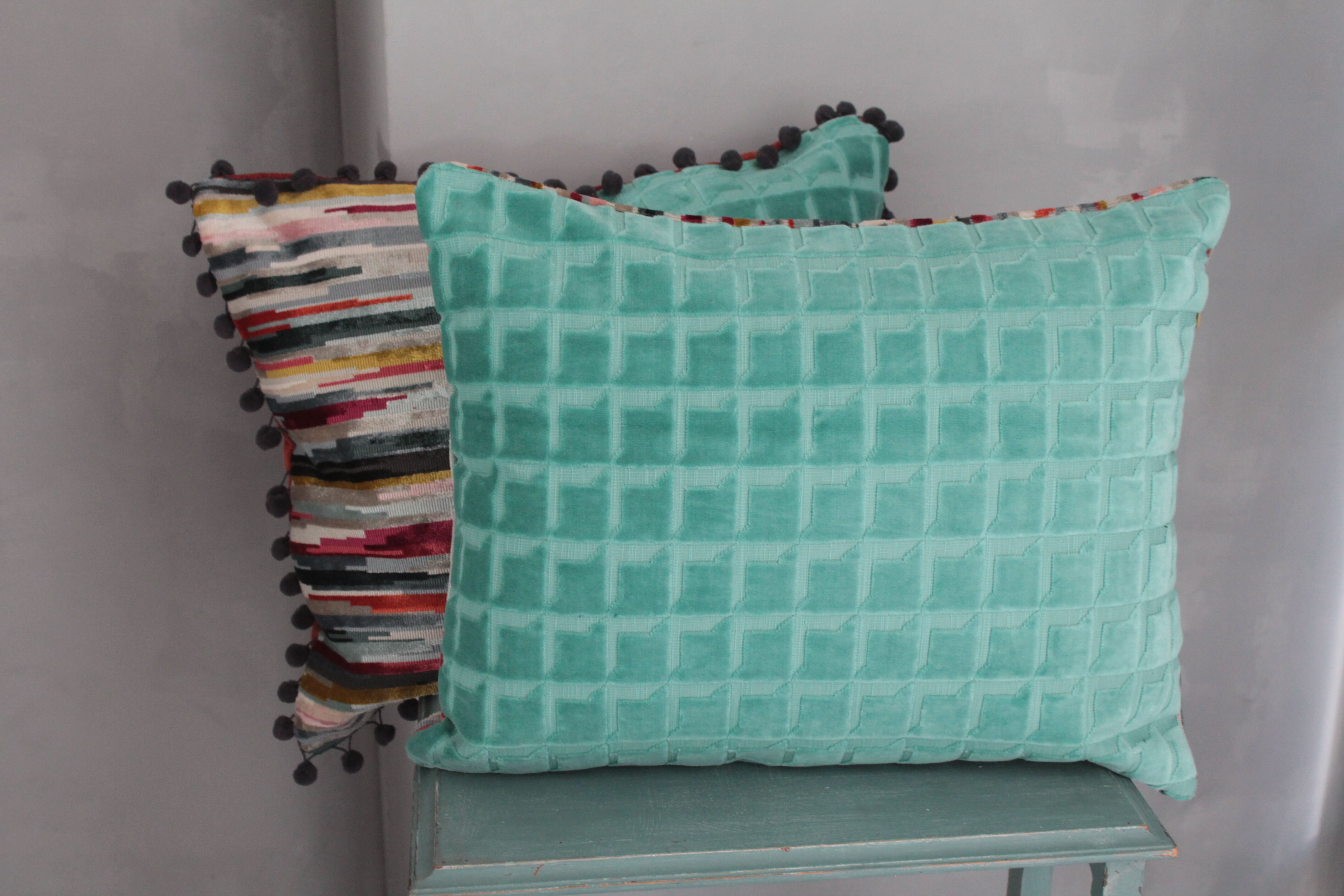 Double-sided cushion in designer upholstery velvet, multi-colored turquoise blue stripes