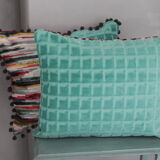 Double-sided cushion in refurbishment velvet, multicolored stripe, turquoise blue