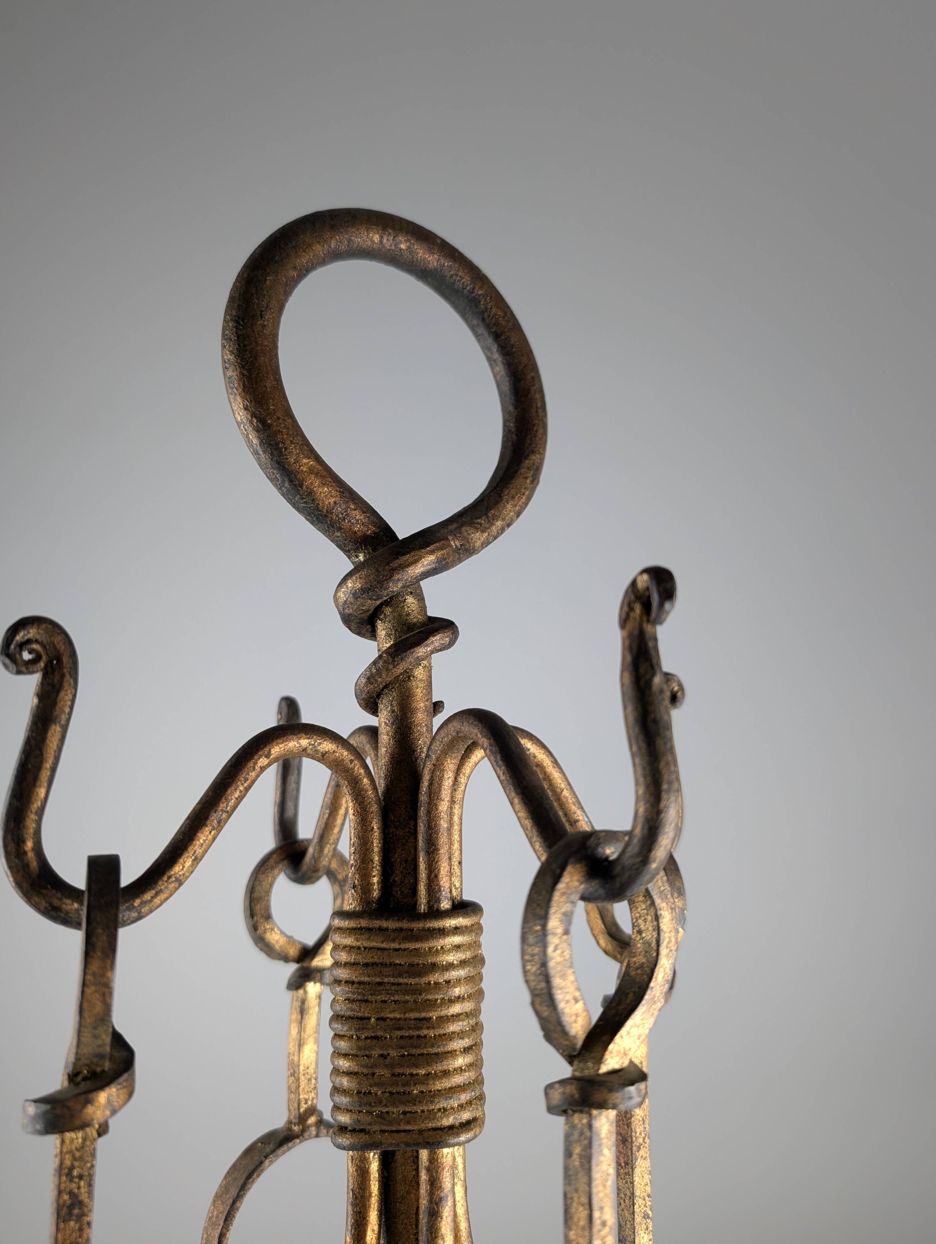 Sculptural Gilded Wrought Iron Fireplace Tool Set, 1960s