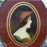 Tableau fixé sous verre ancien femme au chapeau