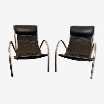 Paire de fauteuils "Omega" en chrome et cuir, Habitat, 1980