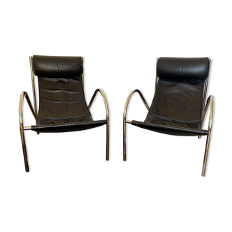 Pair of "Omega" armchairs in chrome and leather, Habitat, 1980