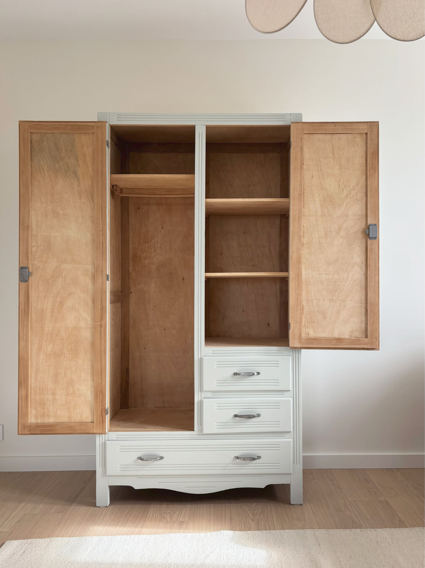 Art Deco wardrobe with shelves and drawers, renovated wood.