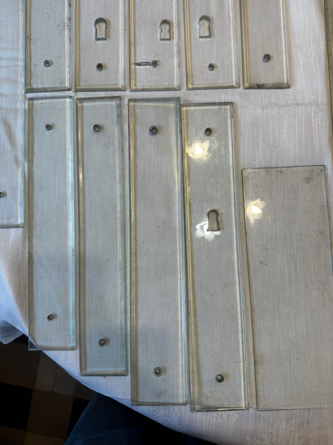 11 bevelled glass cleanliness plaques + 4 Art Deco glass plaques