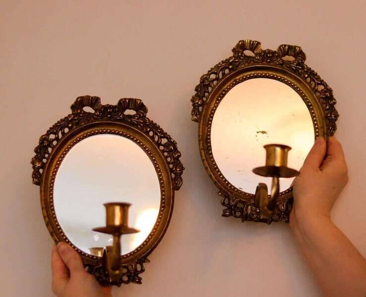 Pair of Swedish brass sconces with mirror