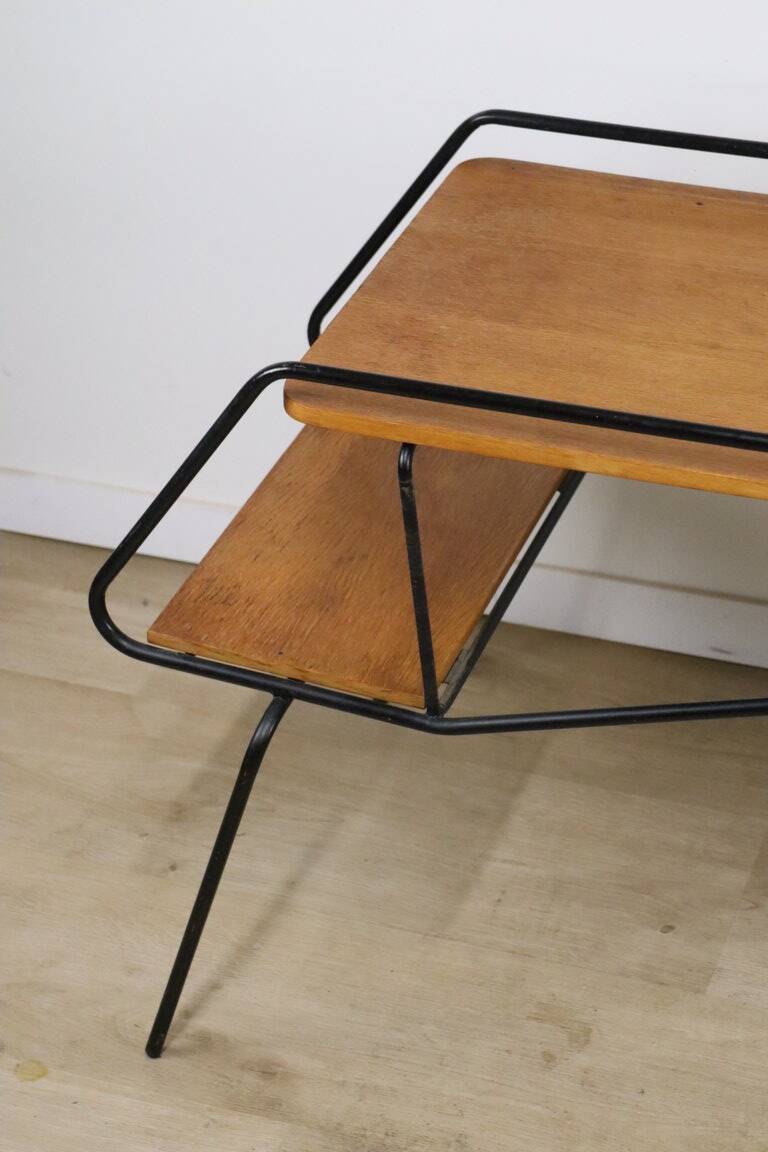 Vintage side coffee table in black lacquered metal and oak, 1950