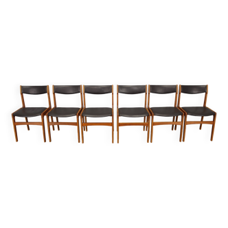 Ensemble de 6 chaises de salle à manger en teck et similicuir des années 1960, Danemark