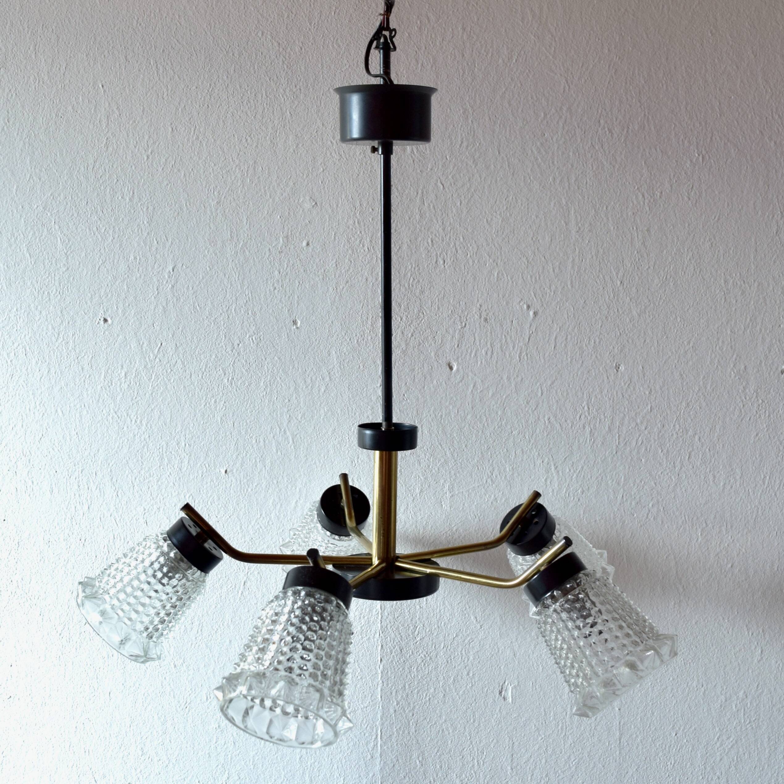 Vintage chandelier in molded glass, brass and steel - 5 branches - 1960s