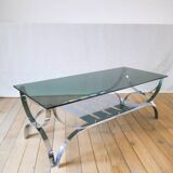 Rectangular coffee table in smoked glass and chrome double trays Design 1970