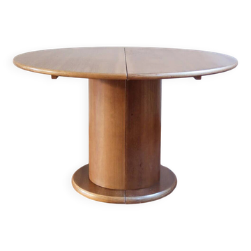 Table ronde à fût central, bois blond, années 90