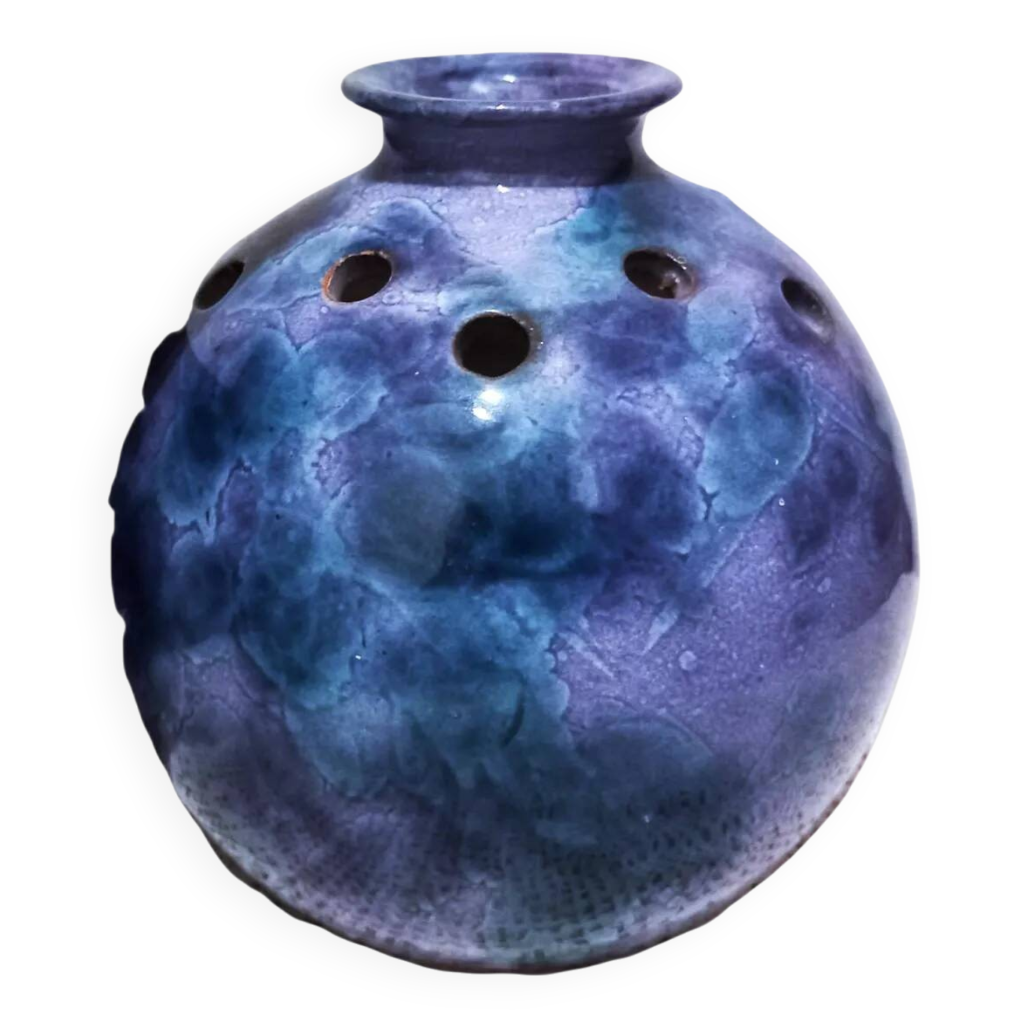 Vase boule / Pique-fleur en grès émaillé bleu violet