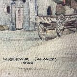 Tableau aquarelle Riquewir, Alsace en 1930 signée