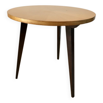Table basse tripode en bois et marqueterie bicolore design scandinave années 50-60