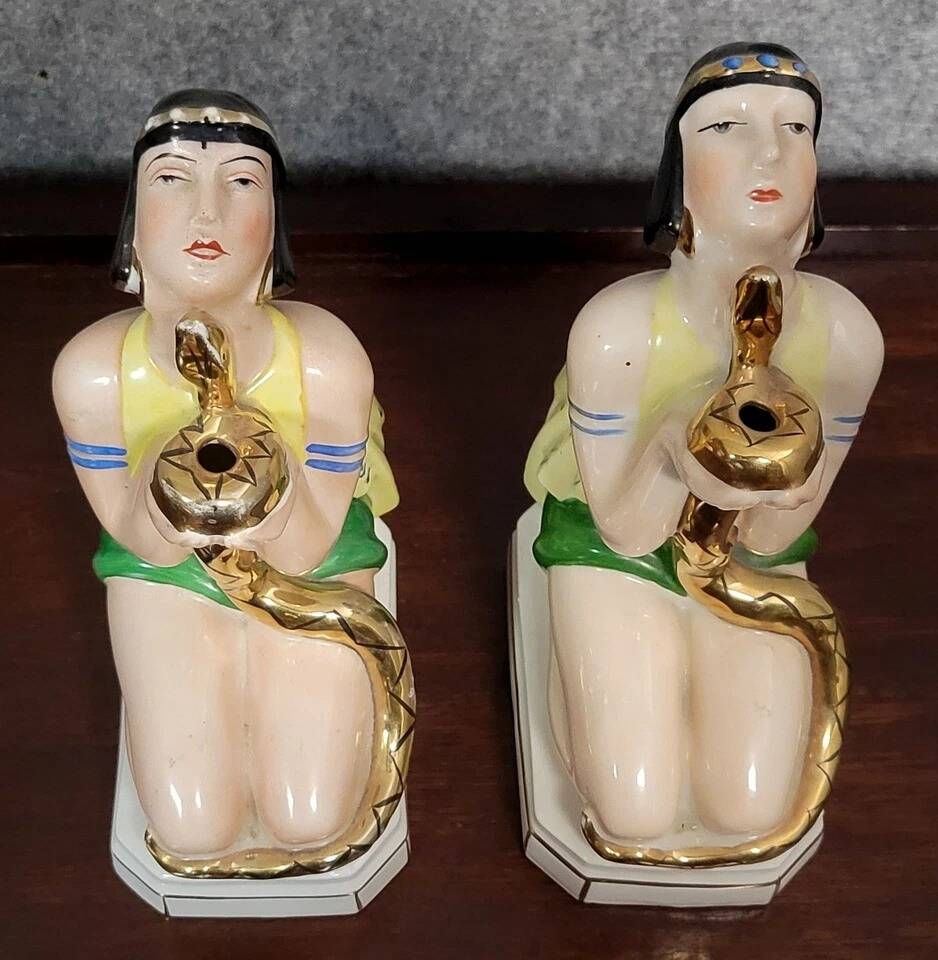 Pair of polychrome porcelain night light statues in Art Nouveau style