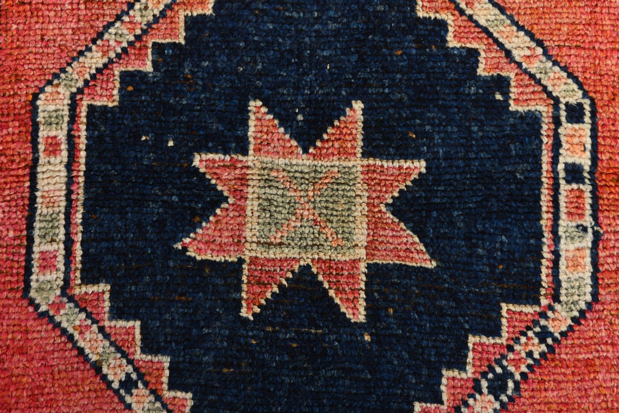 Pomegranate Red & Navy Blue Vintage Runner Rug, Geometric Pattern Runner