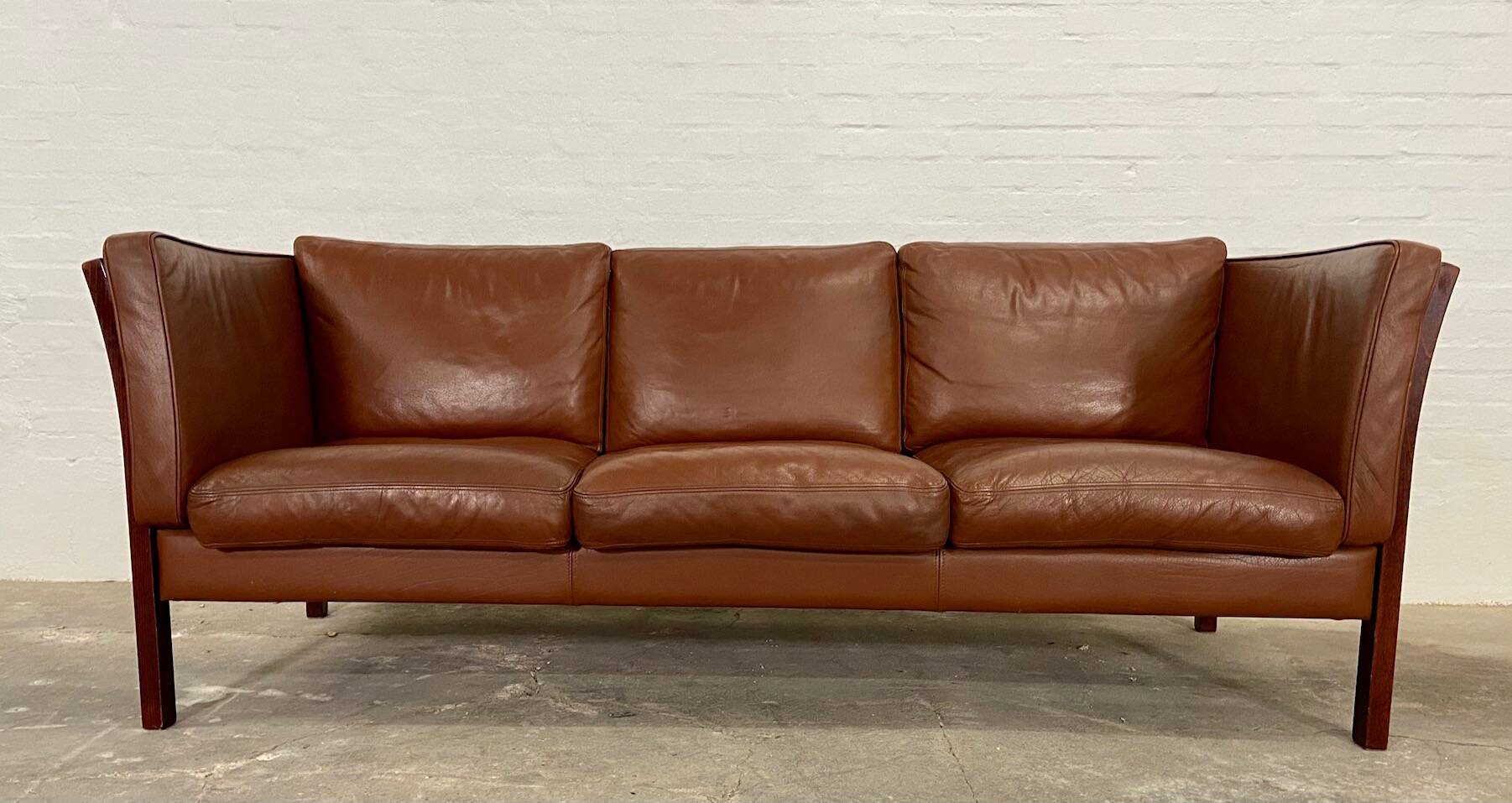 Vintage danish stouby dark cognac leather and rose stained beechwood frame 3 seater sofa