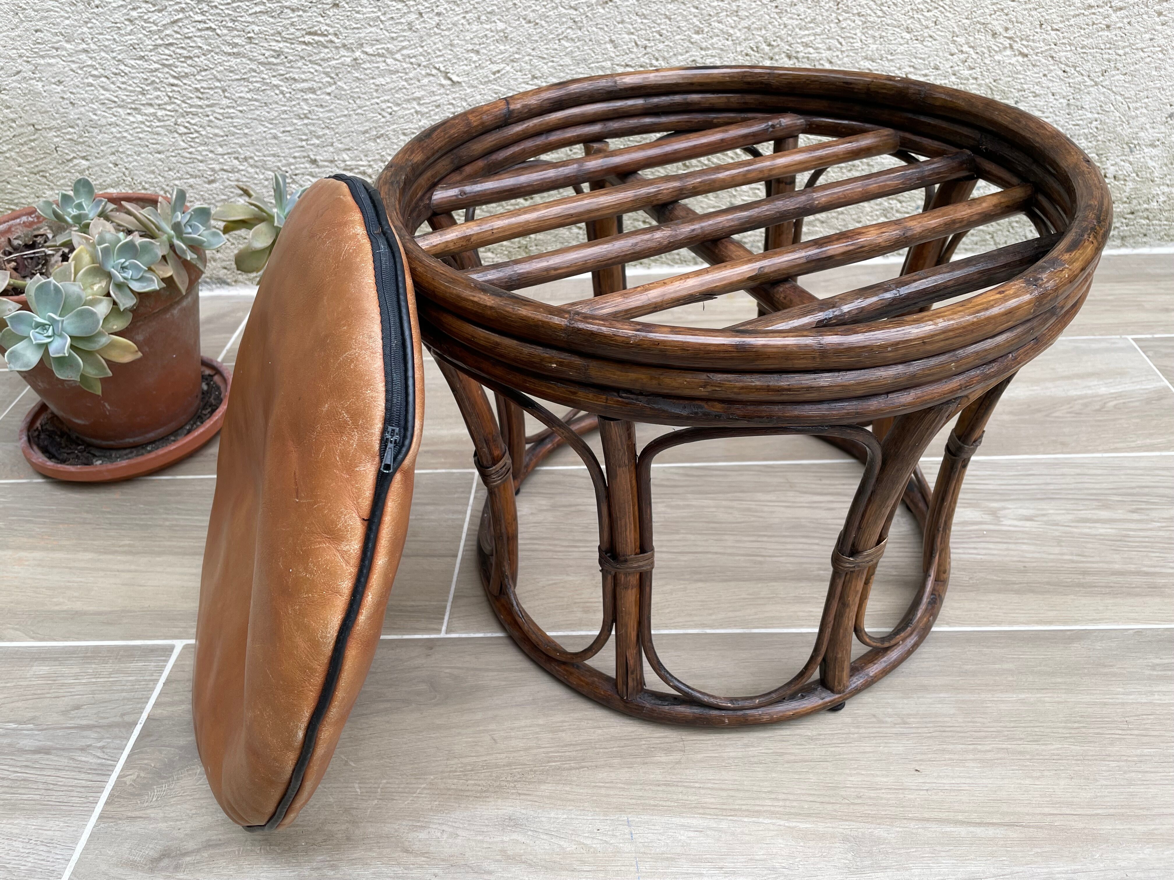 Pouf vintage rotin et cuir