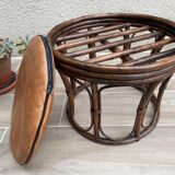 Vintage rattan and leather pouf