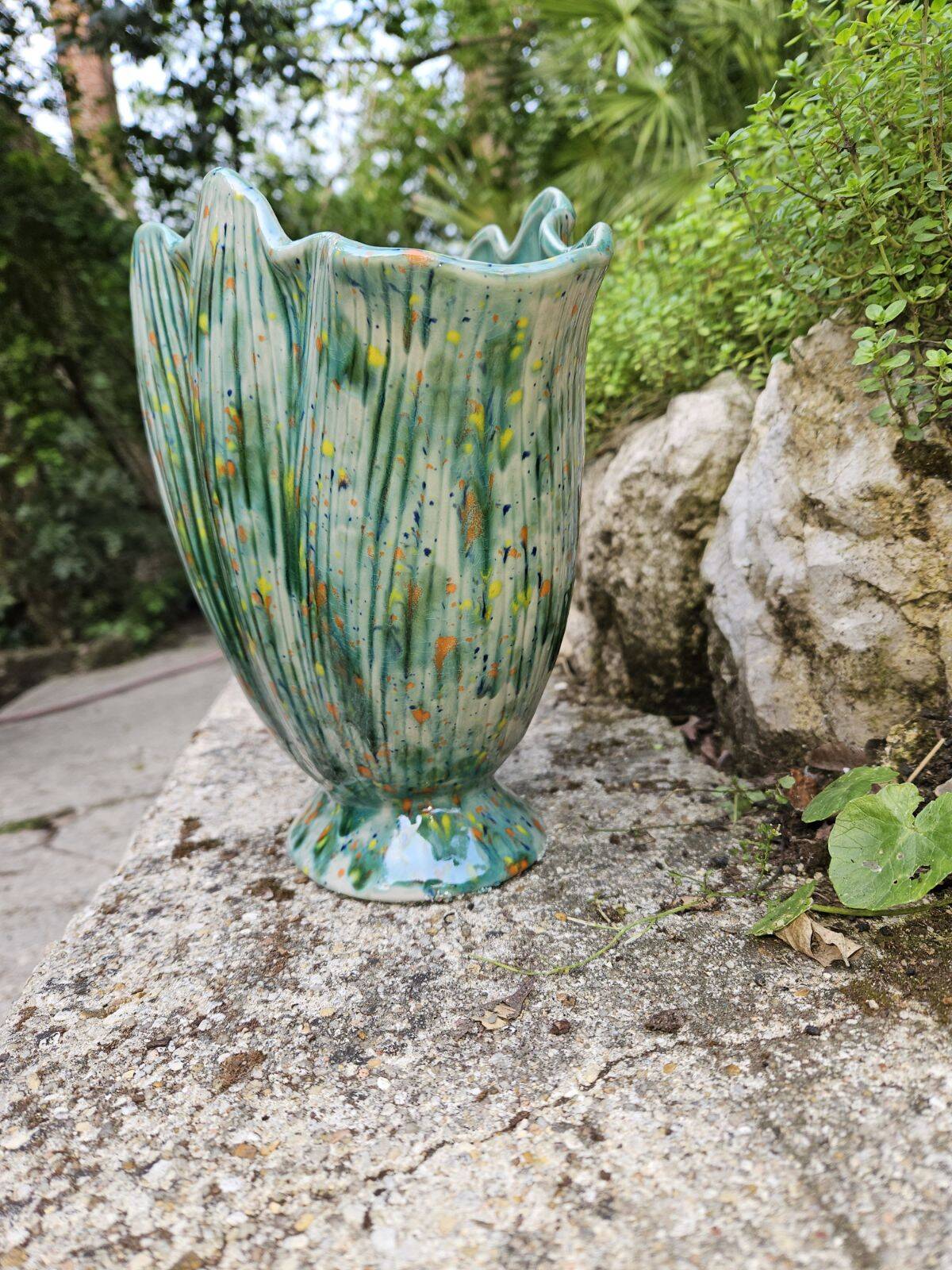 Unique Shell Vase Hand Enameled Green