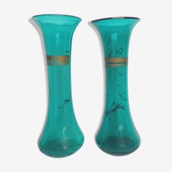 Pair of 1900 blue glass truncated vases