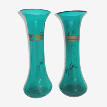 Paire de vases tronconiques 1900 en verre bleu