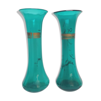 Paire de vases tronconiques 1900 en verre bleu