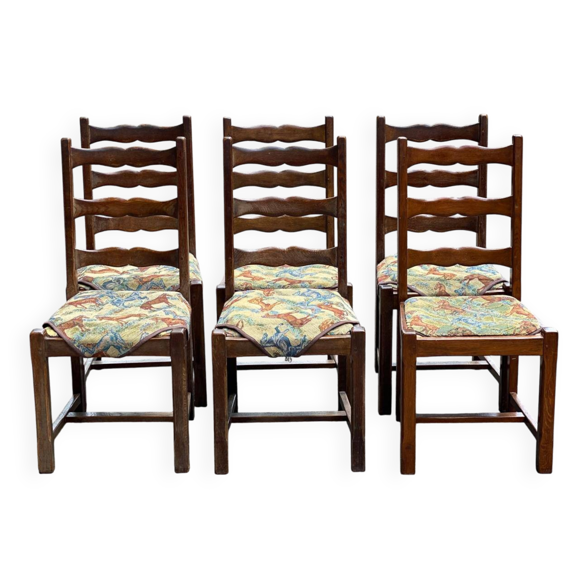 6 solid wood chairs in dark oak and floral fabric