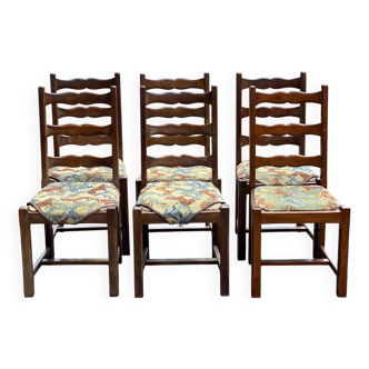 6 chaises bois massif chêne foncé et tissu fleurs