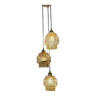 Suspension triple globes vintage en verre ambré bulle
